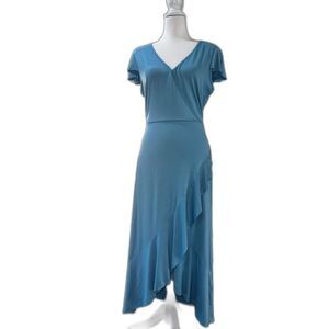 Juicy Couture Teal Blue Faux Wrap Midi Dress Hi-Low Ruffle Hem Flutter Sleeve M